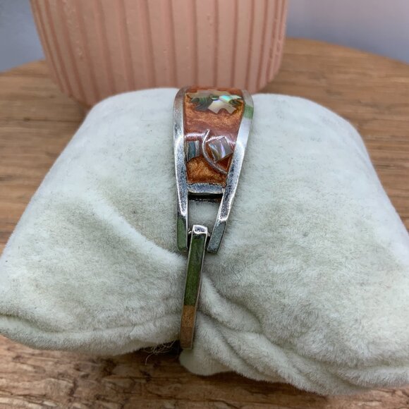 Alpaca Mexico Burnt Orange Silver Mother of Pearl Flower Bangle Hinged Bracelet - Picture 6 of 7